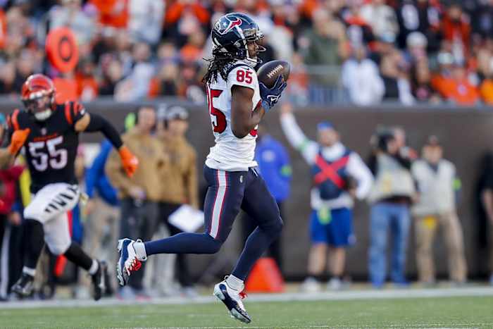 Nov 12, 2023; Cincinnati, Ohio, USA; Houston Texans wide receiver Noah Brown (85) catches a pass against the Cincinnati Bengals in the second half at Paycor Stadium. Mandatory Credit: Katie Stratman-USA TODAY Sports  